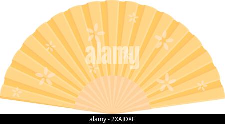 Traditional yellow hand fan decorated with flowers, used in japan for cooling down and as a fashion accessory Stock Vector