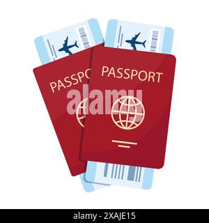Two passports with boarding passes. Airplane tickets inside passports. Air travel concept. Tourism concept. Vector illustration Stock Vector