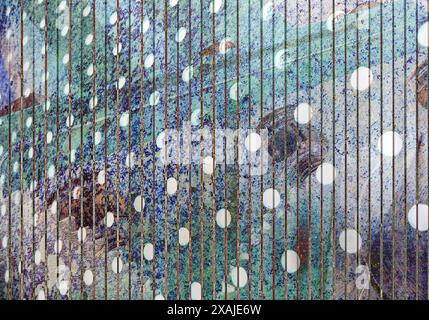 metal plate with many small circular holes. industrial background. multi exposure. Stock Photo