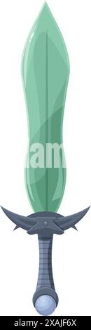 Fantasy green sword with metal hilt standing upright on white ...