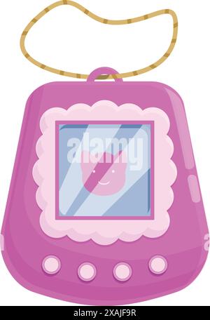 Pink virtual pet toy with a cute cat on the screen, bringing back the nostalgia of the 90s Stock Vector