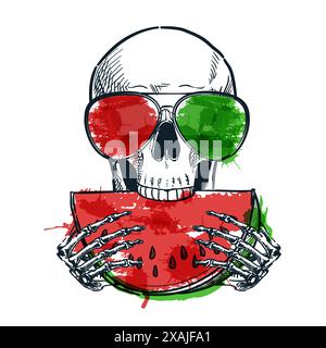Human skull in multicolor sunglasses eats watermelon. Vector hand drawn watercolor sketch illustration isolated on white background. Holiday graphic Stock Vector