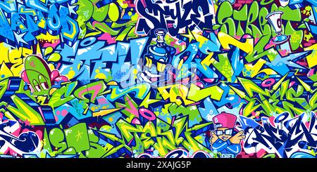 Trendy Seamless Colorful Abstract Urban Style Hiphop Graffiti Street Art Pattern Vector Background. Vector illustration Stock Vector
