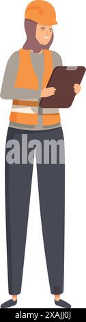 Smiling muslim woman architect or engineer wearing a safety vest and helmet holding a clipboard Stock Vector