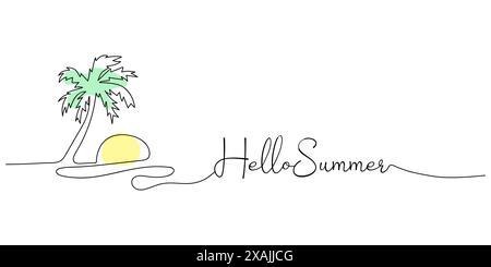 Palm tree sun drawn by hand. linart continuous line drawing. Single line drawing summer design. Hello summer Stock Vector