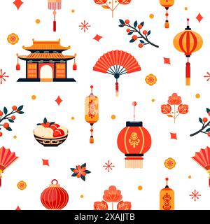 Vector seamless pattern Holiday Happy New Year celebration. Buddhist temple, Chinese lantern, branch with berries, bowl with national food, fan, flowe Stock Vector