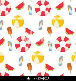 Seamless pattern. Summer cartoon ice cream, flip flops. lifeboy, ball. Vector Stock Vector