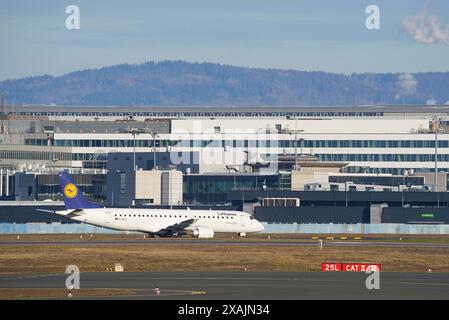 Airport during the corona crisis runway with Lufthansa airplane, Frankfurt am Main, Hesse, Germany Stock Photo