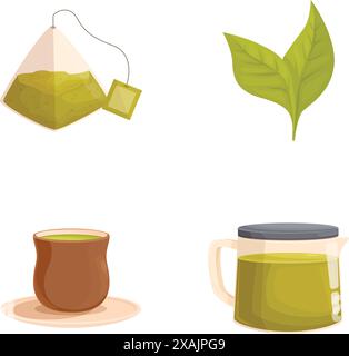 Illustrated tea variety collection with bags, leaves, cups, pots, and more on a clean white background for menu, relaxation, and healthy lifestyle concept Stock Vector