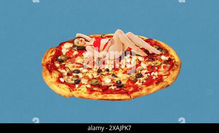 Beautiful woman in polka-dot swimsuit lying on giant pizza against blue background. Summer vacation. Contemporary art collage. Stock Photo