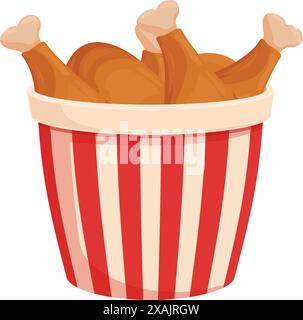 Bucket full of crispy fried chicken legs standing on white background Stock Vector