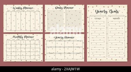 Business organizer romantic spring paper sheets. Yearly planners worksheet lovely template set. Blank printable goal setting sheets. Scheduling pages Stock Vector