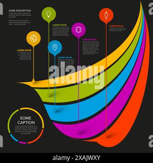Infographic template with five droplet pointers on curved rainbow stripes and dark gray background. Multipurpose infographic template with five elemen Stock Vector