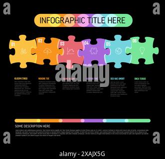 Six steps multipurpose infographic template with puzzle jigsaw pieces in rainbow overlay style. Simple dark multipurpose infograhic puzzle layout desi Stock Vector