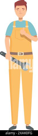Smiling handyman is holding a wrench and giving a thumbs up Stock Vector