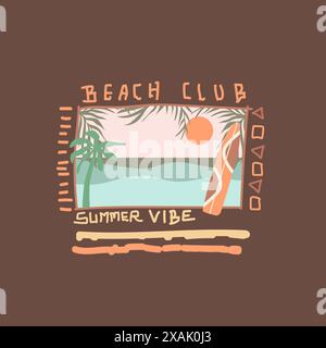 Beach Club summer vibe summer nature scene retro t shirt design Stock Vector