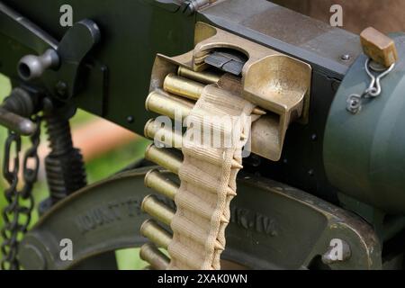 The Vickers machine gun or Vickers gun is a water-cooled .303 British (7.7 mm) machine gun produced by Vickers Limited. Stock Photo