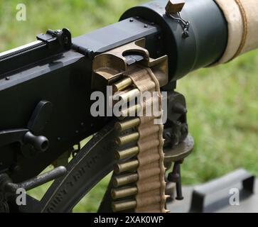 The Vickers machine gun or Vickers gun is a water-cooled .303 British (7.7 mm) machine gun produced by Vickers Limited. Stock Photo