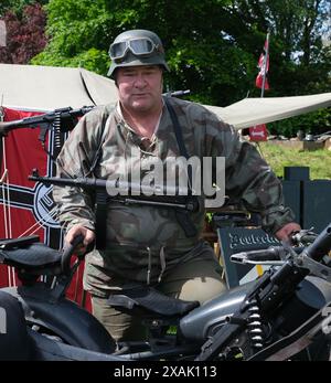 Enactors on German world war two motorcycle combination fitted with MG34 machine gun. Stock Photo