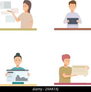 Illustration of four professionals engaged in different work activities, representing multitasking and diversity Stock Vector