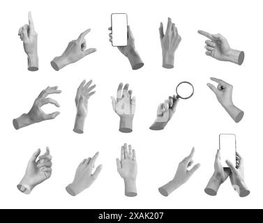 Set of different hand gestures isolated on white, black and white Stock Photo