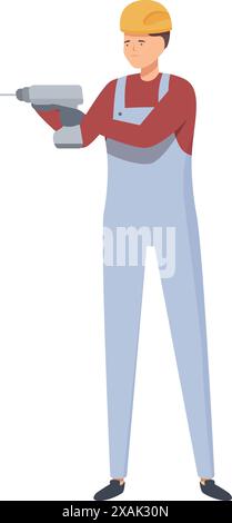 Construction worker is holding an electric drill, prepared for a day of work on a construction site Stock Vector