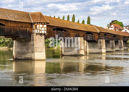 The longest covered wooden bridge in Europe, the Bad Säckingen wooden bridge over the Rhine, Waldshut district, Baden-Württemberg, Germany Stock Photo