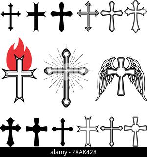 Set of different crosses. Cross with sun rays. Cross with fire. Winged cross. Church emblem templates. Design element in vector. Stock Vector