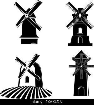 Set of vector windmill icons. Windmill logo. Windmill label, badges, emblems. Vector design elements. Stock Vector