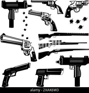 Big set of pistols and bullet holes isolated on white background. Handguns set on white background. Revolvers, hand guns and automatic handguns set. Stock Vector