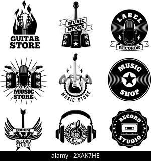 Set of the music shop labels. Design elements for logo, label, emblem, sign. Stock Vector