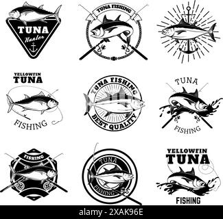 Tuna fishing labels isolated on white background. Design elements for logo, emblem, sign, badge. Stock Vector