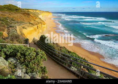 Stairway on the cliff of Gibson Steps at the Twelve Apostles Marine National Park along the Great Ocean Road in Victoria, Australia Stock Photo