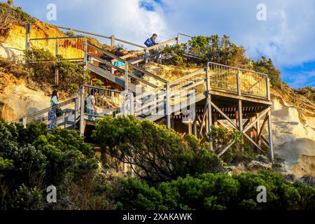 Stairway leading up out of Loch Ard beach surrounded by limestone cliffs at the Twelve Apostles Marine National Park along the Great Ocean Road in Vic Stock Photo