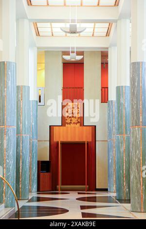 Main foyer of the Parliament House of Australia, decorated with green marble columns and a white marble staircase in Canberra, Australian Capital Terr Stock Photo