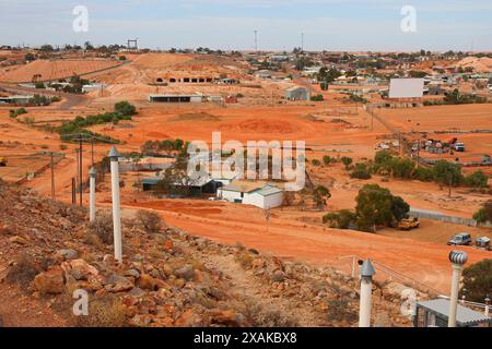 Aerial view of the Coober Pedy skyline in the outback of South Australia - Opal mining town in the red center desert where many houses are underground Stock Photo