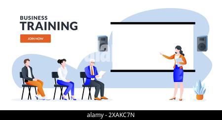 Female speaker coach speaks to audience. People, men, women, at the seminar, presentation or conference. Vector flat cartoon illustration. Business tr Stock Vector