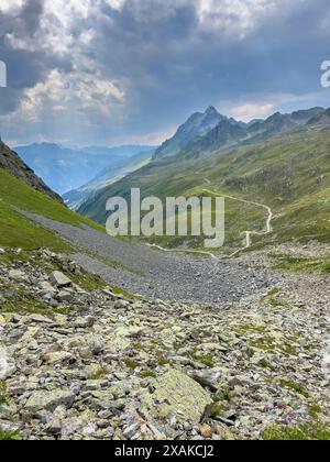 Europe, Austria, Verwall, Vorarlberg, Schruns, Wormser Höhenweg, Thick storm clouds over mountain scenery Stock Photo