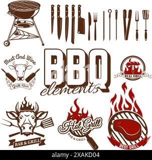 Set of design elements for bbq and grill labels. Set of kitchen tools. Stock Vector