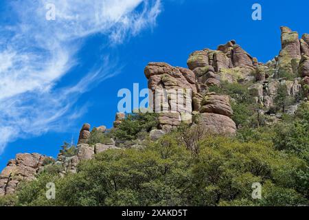 Looking skyward at Rhyolite pinnacle formations in Chiricahua National Monument Stock Photo