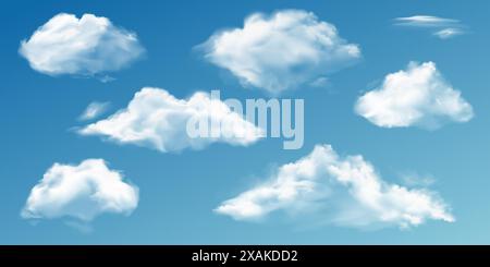 White clouds. Realistic 3d semi transparent cloud in blue sky. Summer rain clouds vector isolated set. Beautiful cloudscape with fluffy cumulus. Outdoor summer floating cloudy heavens Stock Vector