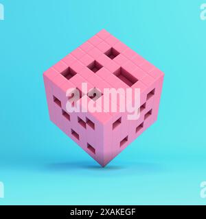 Pink abstract cube structure on bright blue background in pastel colors. Minimalism concept. 3d render Stock Photo