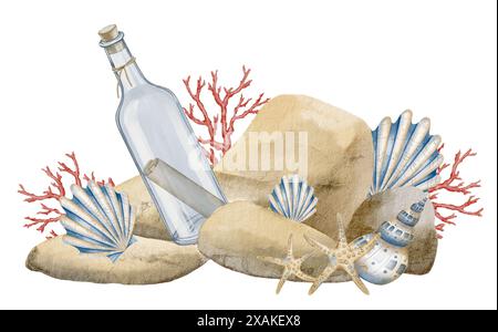 Watercolor illustration of bottle with message surrounded Seashells, corals and Rocks. Drawing of pebbles with sea shells and mail in glass jar on isolated background for nautical design. Stock Photo