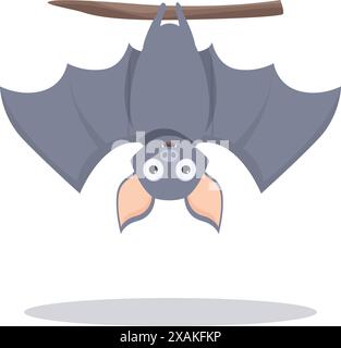 Friendly cartoon bat with big eyes is hanging upside down from a tree branch, enjoying the view Stock Vector