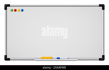 Whiteboard. 3d realistic school business office demonstration white board with round magnets, marker pen and sponge. Blank empty magnetic board vector mockup Stock Vector