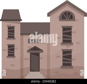 Old abandoned brick house with boarded up windows is falling apart Stock Vector