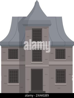 Old stone mansion with steep roof and barred windows standing on white background Stock Vector