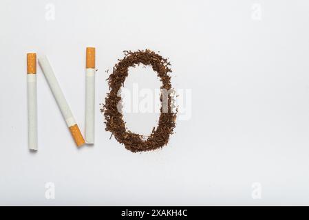 tobacco on a sting No smoking advertisement. Cigarettes and tobacco sting forming the word NO  on a white background Stock Photo