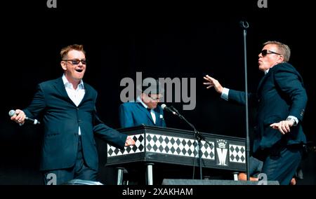 Chas Smash, Mike Barson and Suggs - Madness, V2012, Hylands Park, Chelmsford, Essex, Britain - 19 August 2012 Stock Photo