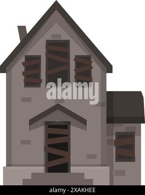 Gloomy abandoned house with boarded up windows and doors standing on white background Stock Vector